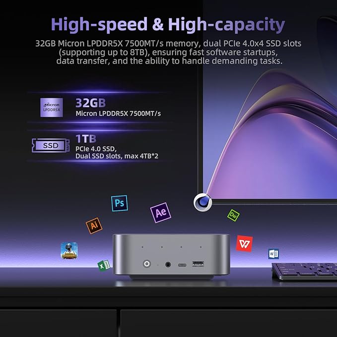 Beelink SER9 Pro+ AI Mini PC, AMD Ryzen 7 H255 (Up to 4.9GHz), 32GB LPDDR5X 7500MT/s 1TB NVMe SSD, Radeon 780M, Built-in Mic/Speaker, USB4, 4K@240Hz Triple Display, WiFi 6, 2.5G LAN, Desktop Computer