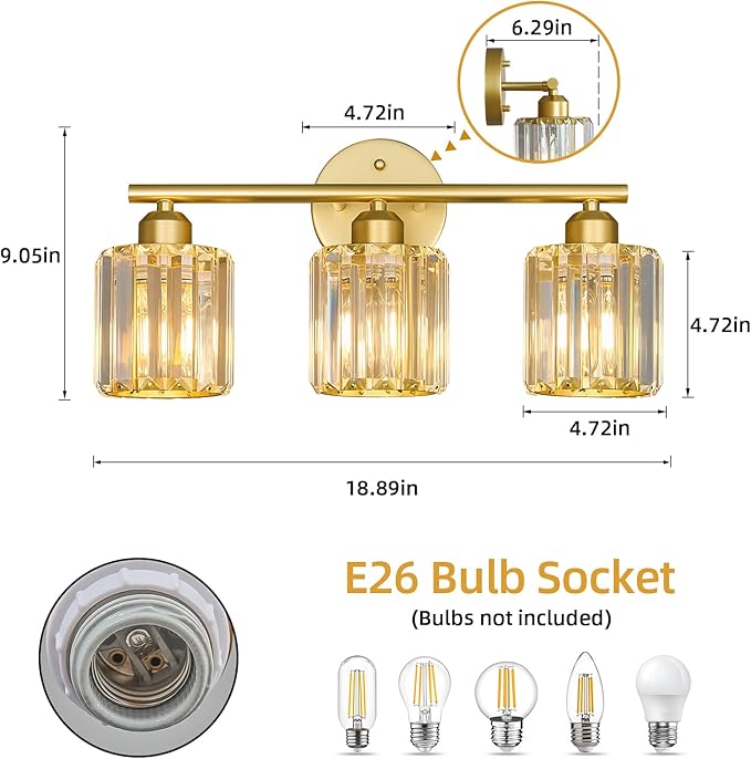 FDPBY Modern 3 Light Crystal Vanity Light, Gold Vertical Bathroom Light Fixture Over Mirror for Dressing Table Sink, Compatible with Dimmable Bulbs (Bulbs Not Included)