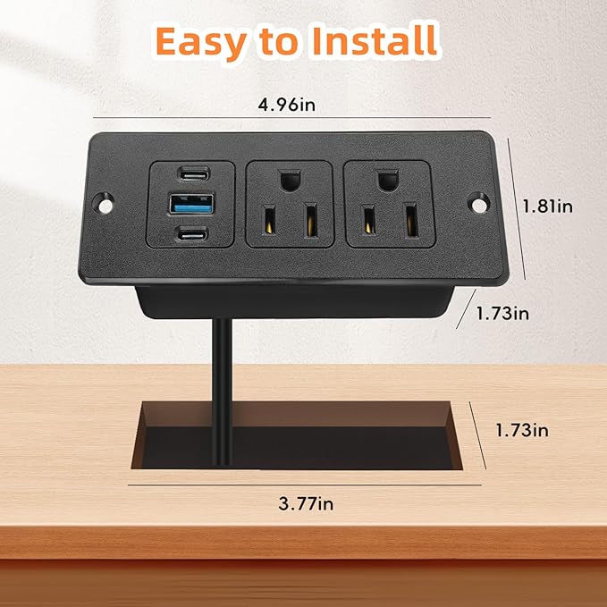 2 Pack Recessed Power Strips USB, 20W Fast Charging Furniture Outlets - 2 AC & 3 USB (2 USB-C + 1 USB-A) for Desk, Bedside, Drawer - Space-Saving, 10FT Cord, Black