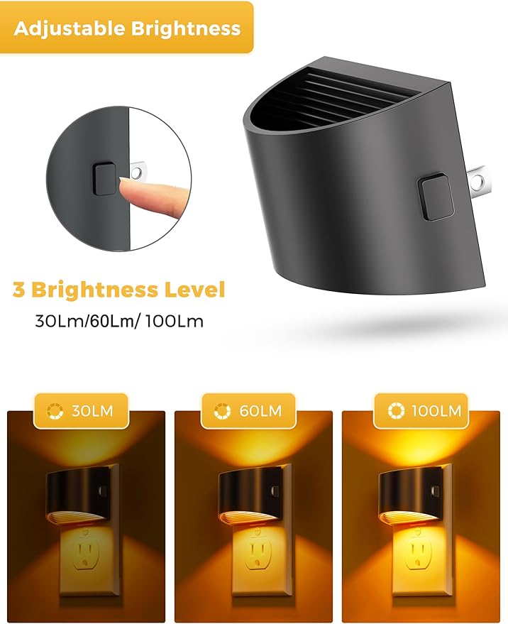 L LOHAS LED Night Light 2 Pack, Night Lights Plug into Wall, Dusk to Dawn Sensor Nightlight, 3 Level Brightness Adjustable, 1600K Amber Light, Mood Lighting