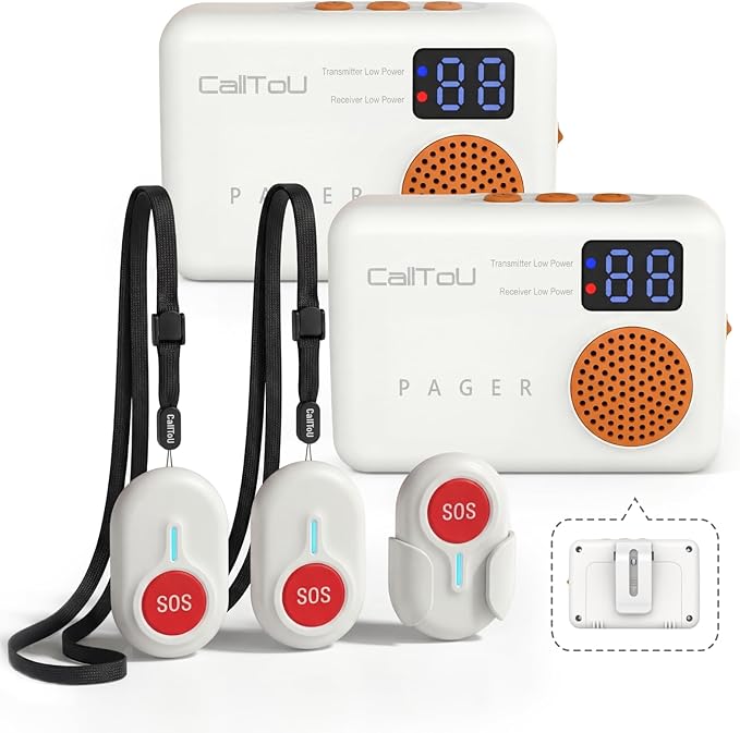 CallToU Caregiver Pager - Wireless Call Button for Elderly at Home, Portable Nurse Alert System with Vibration & Sound Alerts for Seniors and Disabled (3 Call Buttons + 2 Receivers)