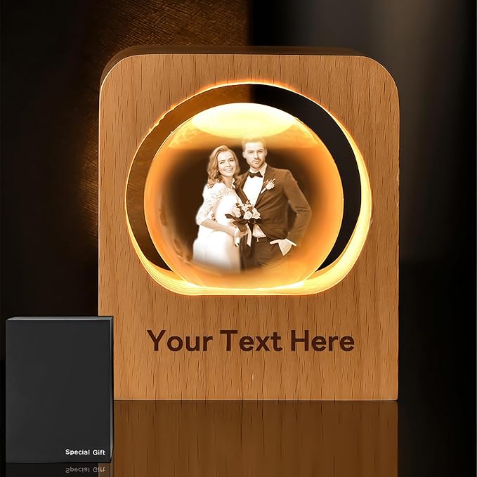 GigaGlow Personalized 3D Crystal Photo Night Light - Custom Engraved Glass Ball with LED Wood Base | Perfect Custom Gift for Family, Pets, Birthday, Valentine's Day