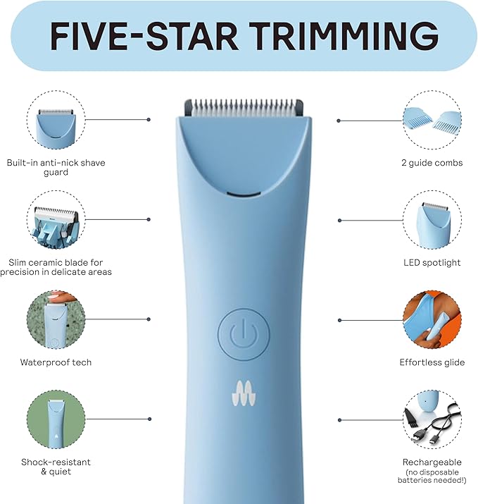 MERIDIAN Slimmer Trimmer – Electric Bikini Line & Pubic Hair Trimmer for Women, Body Hair Groomer for Intimate Areas, Legs & Underarms, Waterproof & Rechargeable, Sky