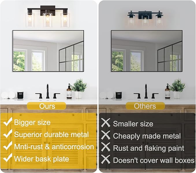 SOPEAS 3-Light Bathroom Vanity Light, Black Vanity Lights with Clear Glass Shades, Bathroom Wall Sconce Lamp for Mirror Living Room Bedroom Hallway