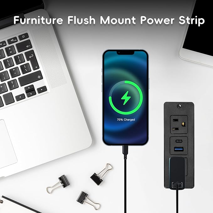 Havorbit 20W Recessed Power Strip USB, 2 AC Outlets + 1 USB-C + 1 USB-A Ports, 6ft Cord, Space Saving Furniture Outlet for Desk/Bedside/Kitchen/Drawer (18W USB-A & 20W USB-C Fast Charge)