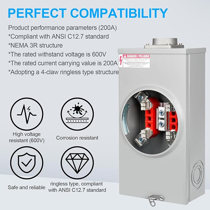 200 Amp Meter Socket, 4 Jaw Meter Base, 600V 3 Wire Ringless Type, with Horn Bypass Meter Cover Plate, Suitable for Overhead/Underground Feed