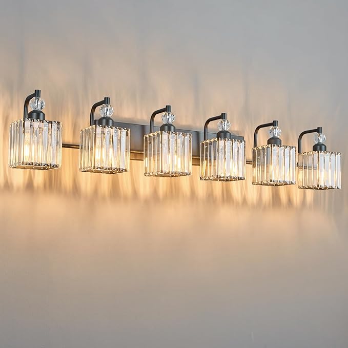 BBLLWJ 6 Light Bathroom Vanity Light Modern Black Vanity Light Fixtures Bathroom Light Fixtures Over Mirror Crystal Vanity Lighting Fixtures
