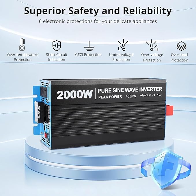 2000W Pure Sine Wave Inverter, 1 USB Port 5v/2.1a,LCD Display&Remote Controller for Home, RV, Truck