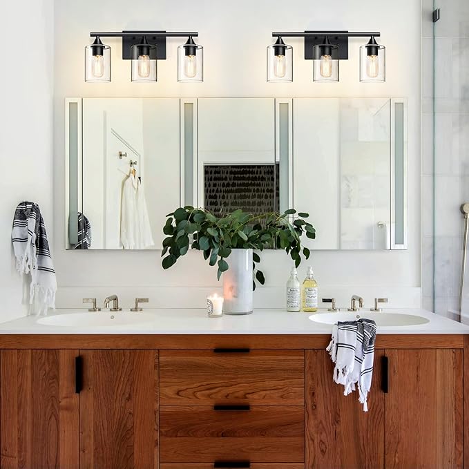 XPEHK Bathroom Lighting Fixtures Over Mirror,3-Light Black Bathroom Vanity Light,Sconces Wall Lighting with Clear Glass Shade,Light Fixture for Bedroom Living Room Vanity Table Hallway