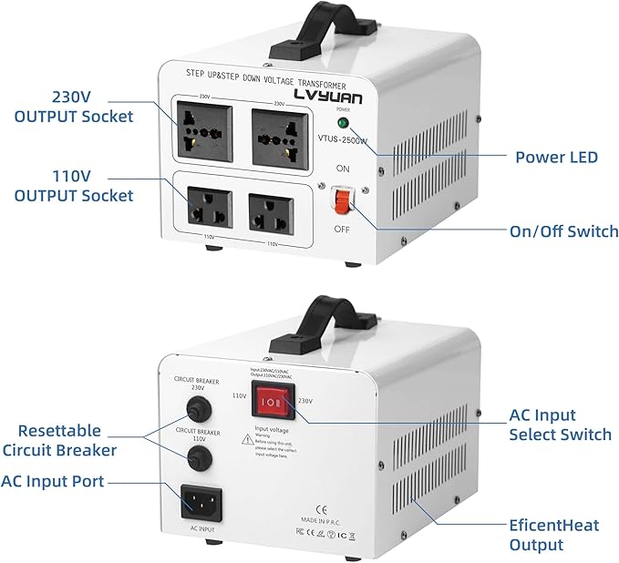 LVYUAN 2500 Watt Voltage Transformer Converter Step Up/Down Converter 110/120 Volt - 220/240 Volt with 2 US outlets, 2 Universal outlets and CE Certified,Circuit Break Protection