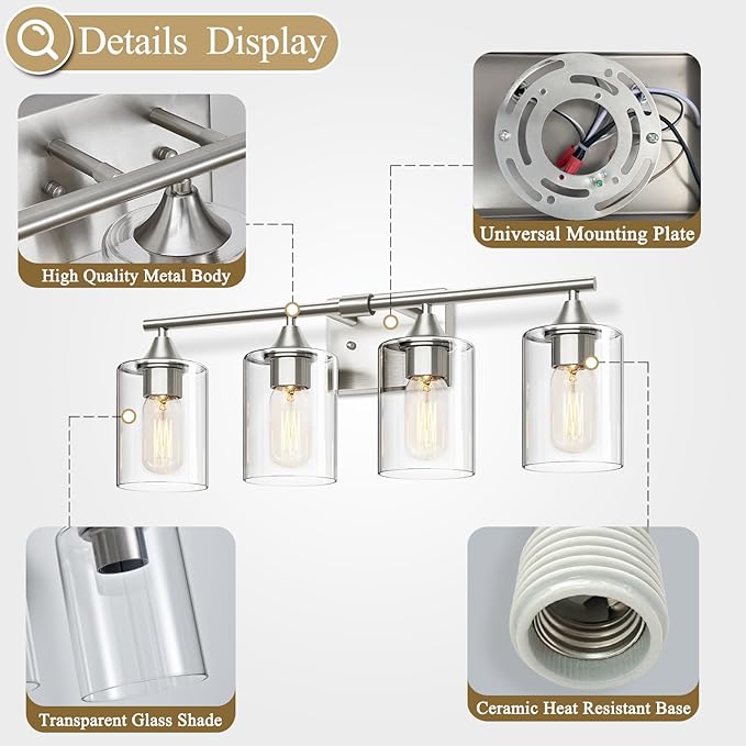 XPEHK 4-Light Bathroom Light Fixtures,Brushed Nickel Vanity Lighting Fixtures,Modern Wall Lighting Sconces for Mirror Bedroom Living Room Vanity Table Hallway