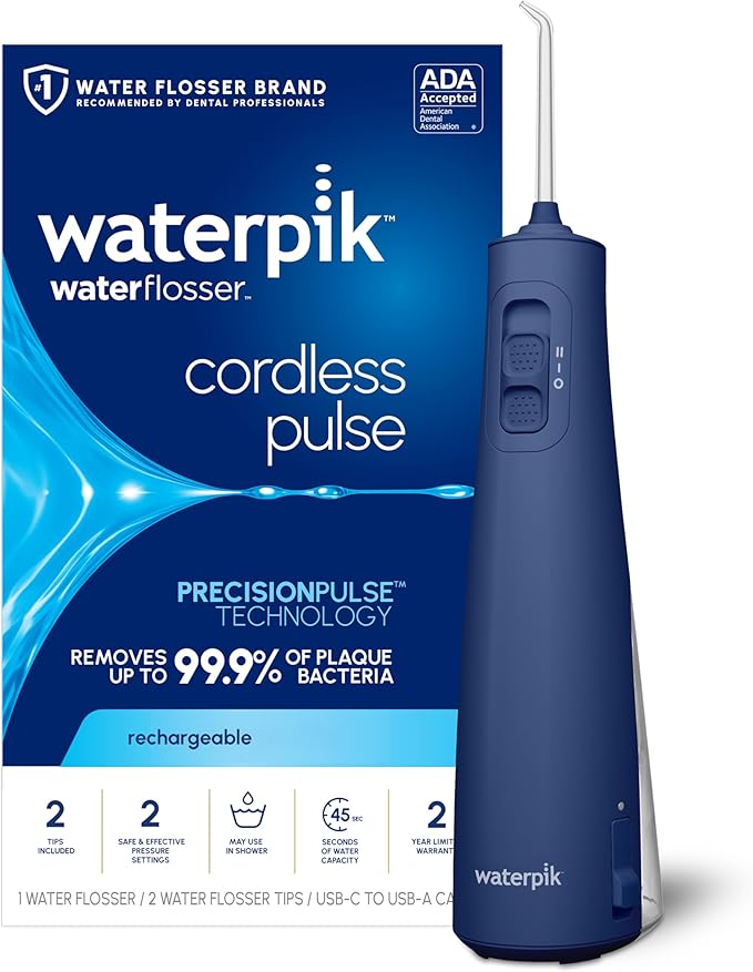 Waterpik Cordless Pulse Rechargeable Portable Water Flosser for Teeth, Gums, Braces Care and Travel with 2 Flossing Tips, Waterproof for Shower, ADA Accepted, WF-20 Blue, Packaging and Tips May Vary