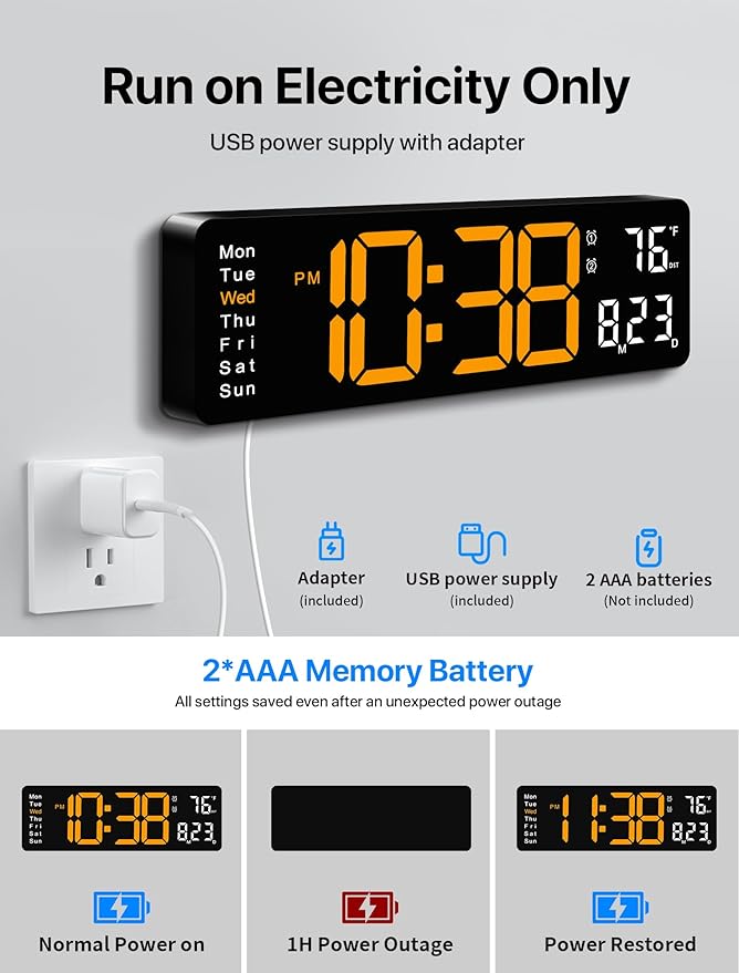 MASHI Digital Wall Clock, 16" Large Display Digital Clock with Remote Control, Auto-Dimming Wall Clock with Night Light, DST, Date Week,Temp for Living Room, Bedroom, Decor, Gift for Elderly