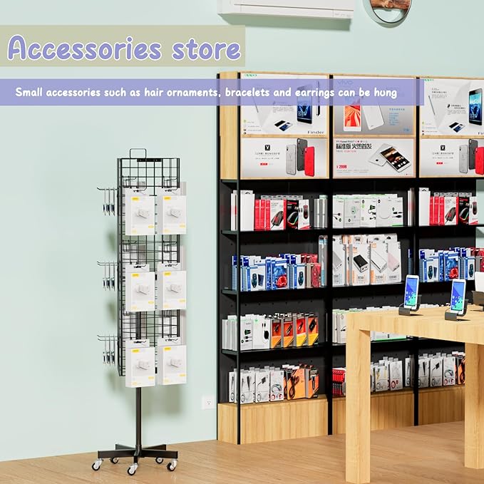 Grid Wall Panels Display Stand - 16”*63.3” Triangular Display Racks with 30 Hooks for Vendor Events , 360° Rotating Art Display Panels Heavy Duty Floor Standing Movable Retail Display Organization