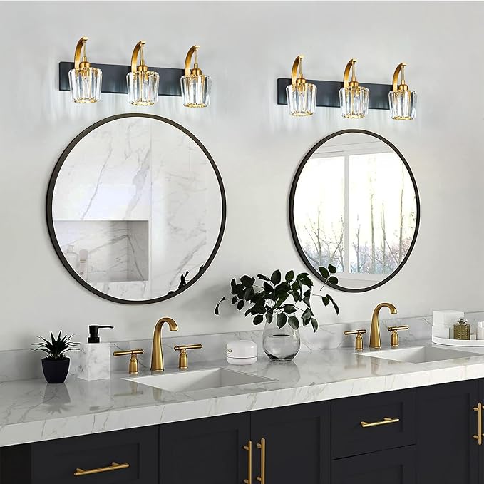 FDPBY Modern Bathroom Vanity Light, 3-Light Black Gold Wall Sconce with Crystal Accents, Over Mirror Bathroom Lighting Fixture, 23.62" Long Dimmable Vanity Lamp for Makeup, Easy Installation