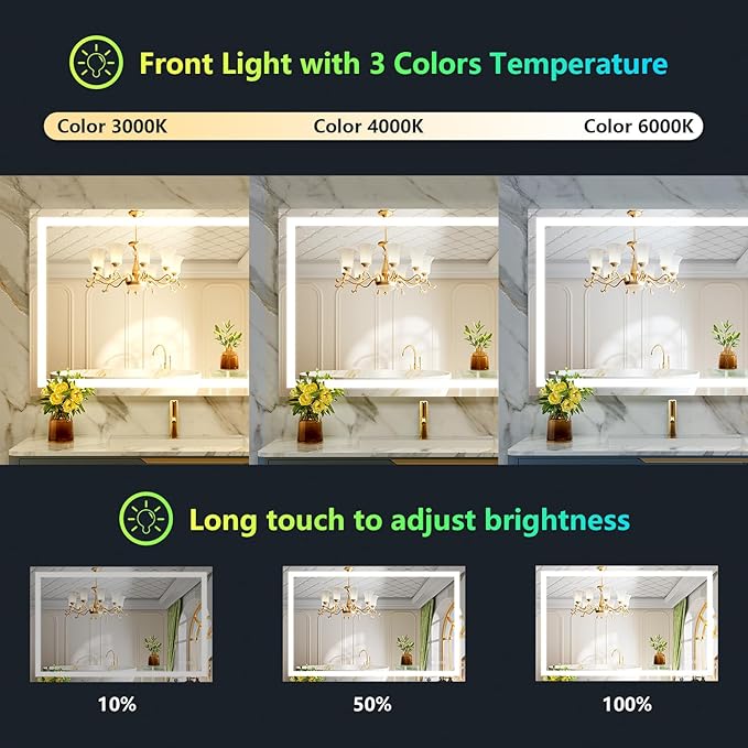 YEELAIT 44x30 Inch RGB LED Bathroom Mirror Front Light and RGB Backlit Lighted Vanity Mirror for Bathroom Wall Mounted Dimmable Anti Fog Memory Shatter-Proof IP54 Waterproof Horizontal/Vertical