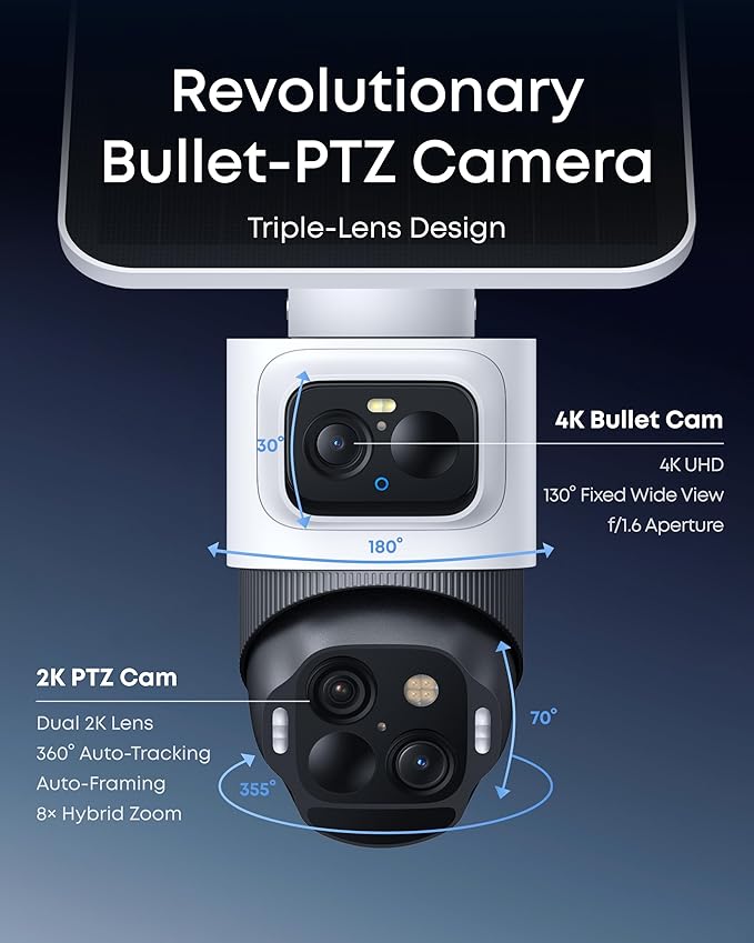 eufy Security eufyCam S4,4K Solar Camera Wireless Outdoor, Triple Lens Bullet-PTZ Cam, 360° View, 8X Auto Zoom, Al Recognition,AI Track, Color Night Vision, 0 Monthly Fee, Local Storage