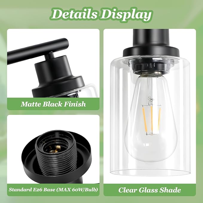 Guliaofo 2-Light Black Bathroom Light Fixtures, E26 Modern Vanity Lights for Bathroom with Clear Glass Shade, Wall Lamps for Mirror Kitchen Hallway Cabinet Living Room Sconces Lights