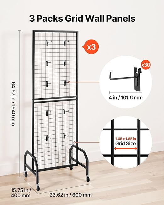 VEVOR 3 Packs Grid Wall Panels, 1.9 x 5.4 ft Wire Grid Panels Display Rack, Movable Art Display Shelf with Wheels and 30 Hooks, Black Carbon Steel Gridwall for Craft Show, Decor, Storage, Notice Board