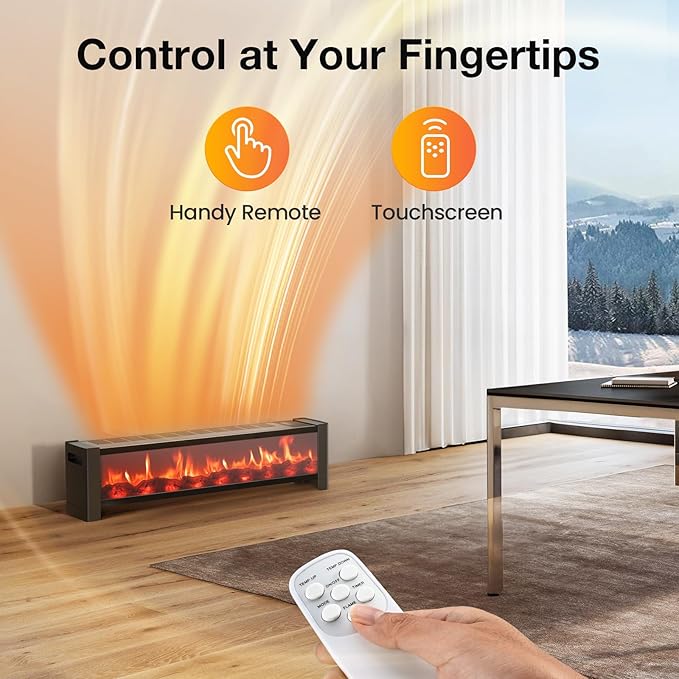 Air Choice 33” Baseboard Heater, 1500W Fireplace Heater with Top Air Outlet, Remote, Adjustable Thermostat, 12H Timer, Overheat&Tip-Over Protection, No Fan Design, Space Heater for Large Room Office