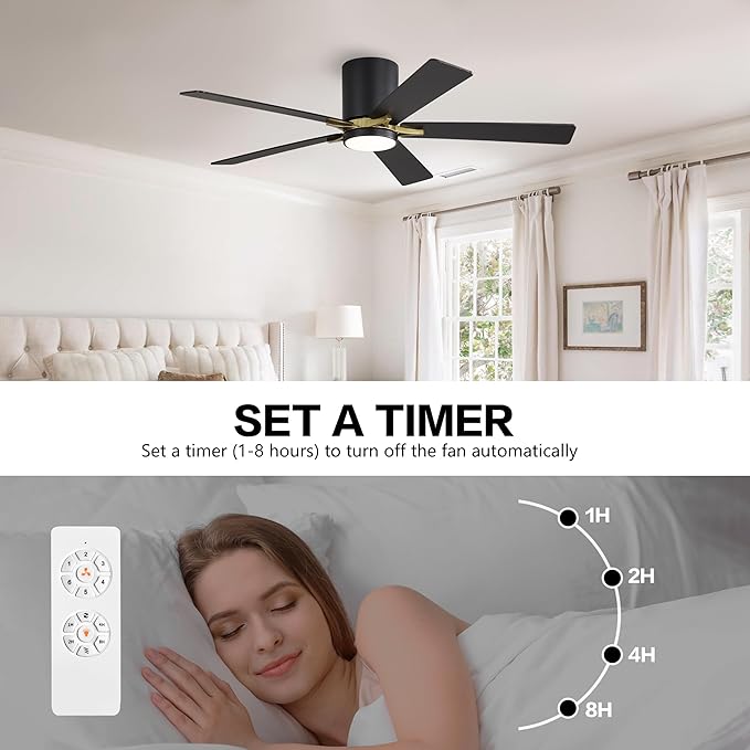 WINGBO 52" DC Flush Mount Ceiling Fan with Lights, 5 Plywood Blades, 6-Speed Reversible DC Motor, 3CCT, Low Profile Hugger Ceiling Fan for Living Room Bedroom Kitchen, Black and Brass