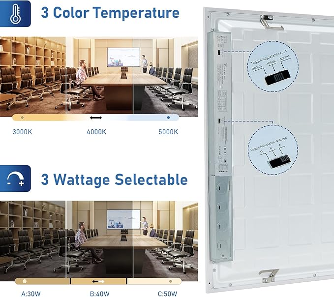 CycevSun 30-Pack 2x4 LED Drop Ceiling Light Fixture Flat Panel, 0-10V Dimmable, 30/40/50W Selectable, 3000K/4000K/5000K Switchable, 120-277V, ETL Listed