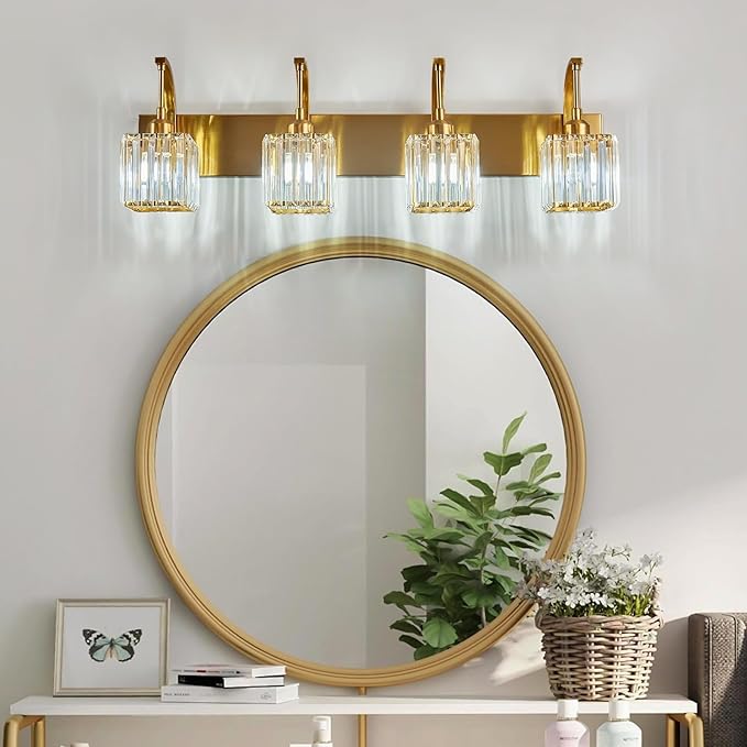 FDPBY Crystal Vanity Lights 4-Light Gold Bathroom Vanity Lights Modern Crystal Bathroom Light Fixtures Over Mirror 32.67" Long Vanity Light for Bathroom