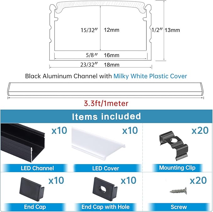 Muzata 10Pack 3.3FT/1M Plus-Size Spotless LED Channel Black LED Strip Diffuser Channel with Milky Frosted White Diffuser Cover U103 BW 1M
