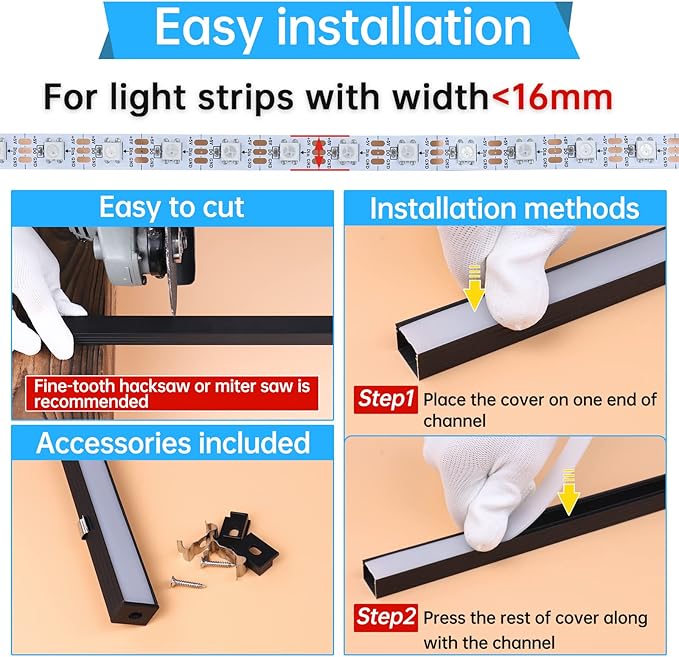Muzata 10Pack 3.3FT/1M Plus-Size Spotless LED Channel Black LED Strip Diffuser Channel with Milky Frosted White Diffuser Cover U103 BW 1M