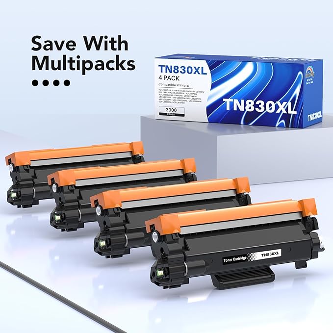 Compatible TN830XL Black Toner 4 Pack Replacement for Brother TN830XL TN-830 TN830 XL High Yield Toner Cartridge Use for HL-L2460DW DCP-L2640DW MFC-L2820DW MFC-L2900DW HL-L2480DW HL-L2400D HL-L2405W