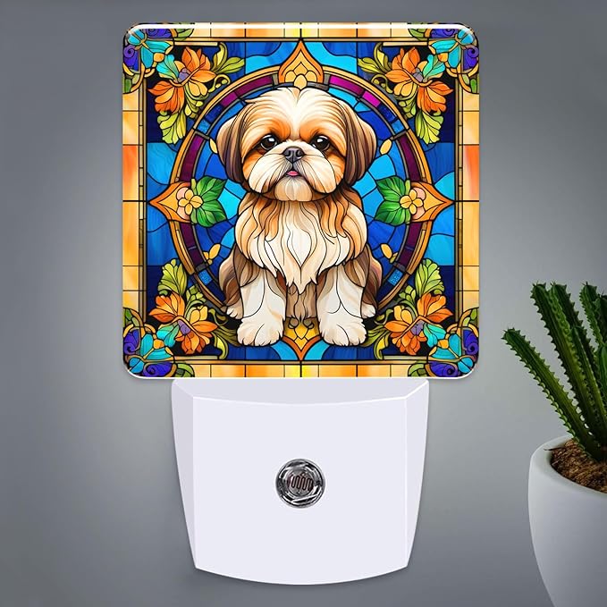 PODMemory Shih Tzu Stained Glass Night Lights Plug into Wall for Room, Shih Tzu Night Light LED for Bedroom