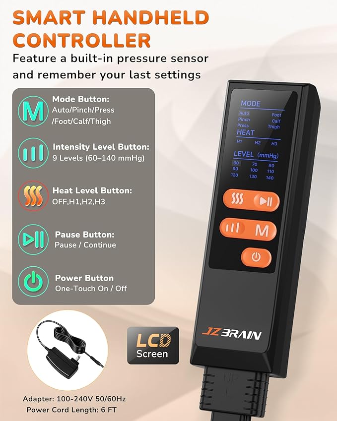 JZBRAIN Leg Massager with Heat and Compression : Foot and Calf Massager for Circulation and Pain Relief, Sequential Compression Boots with 6 Modes, 9 Intensity, 3 Heat - Gifts for Mom, Dad, Him, Her