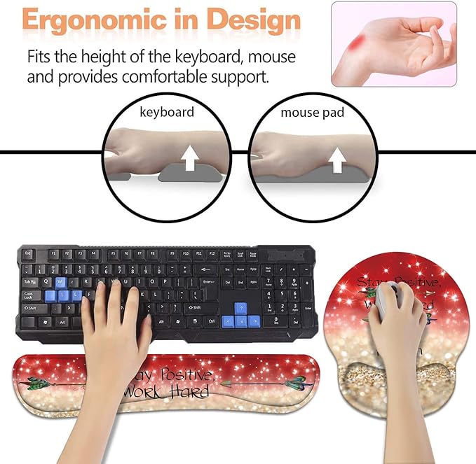 Keyboard Wrist Rest + Mouse Pad Wrist Support Set with Coasters, Stay Positive Work Hard and Make It Happen Inspirational Quote Wrist Mouse Pad with Non-Slip PU Base for Home Office Working Studying