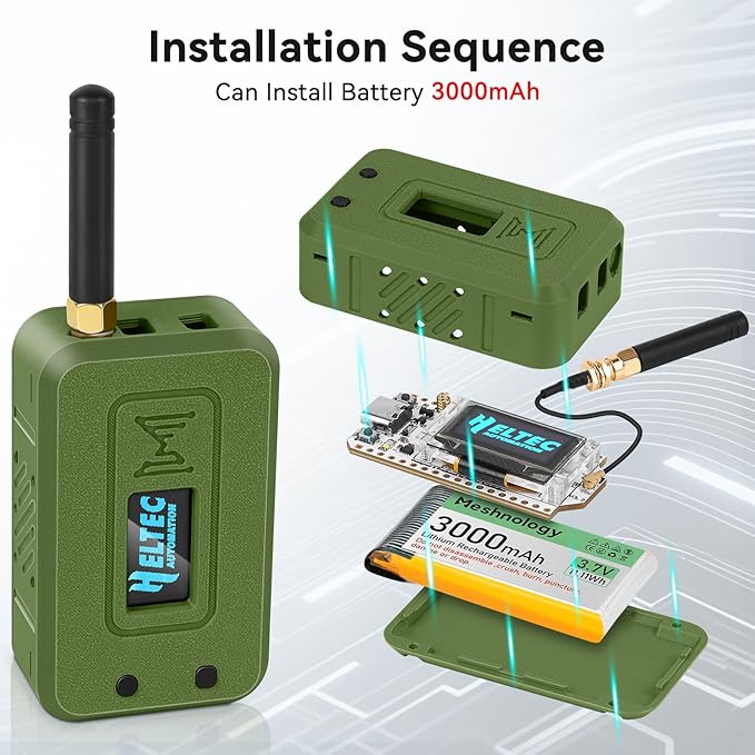 Meshnology 1 Set ESP32 Lo Ra V3 Module Board with 915 MHz Antenna + 3000mAh Battery + Case - WiFi Blue Tooth SX1262 CP2102 0.96” OLED Display Type C for Ar duino Mesh Tastic IOT (N35, Green)