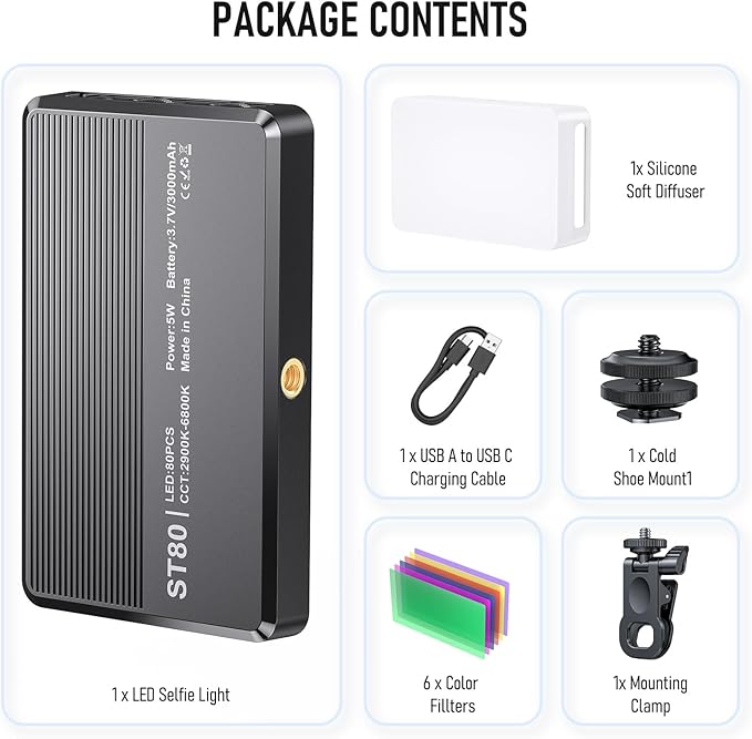 80 LED Video Light, Portable USB Photo Light Dimmable 2500-9000K CRI 95+ 3000mAh Battery with Colored Filters and Clip, Photo Lamp for Phone/iPad/Laptop/Camera