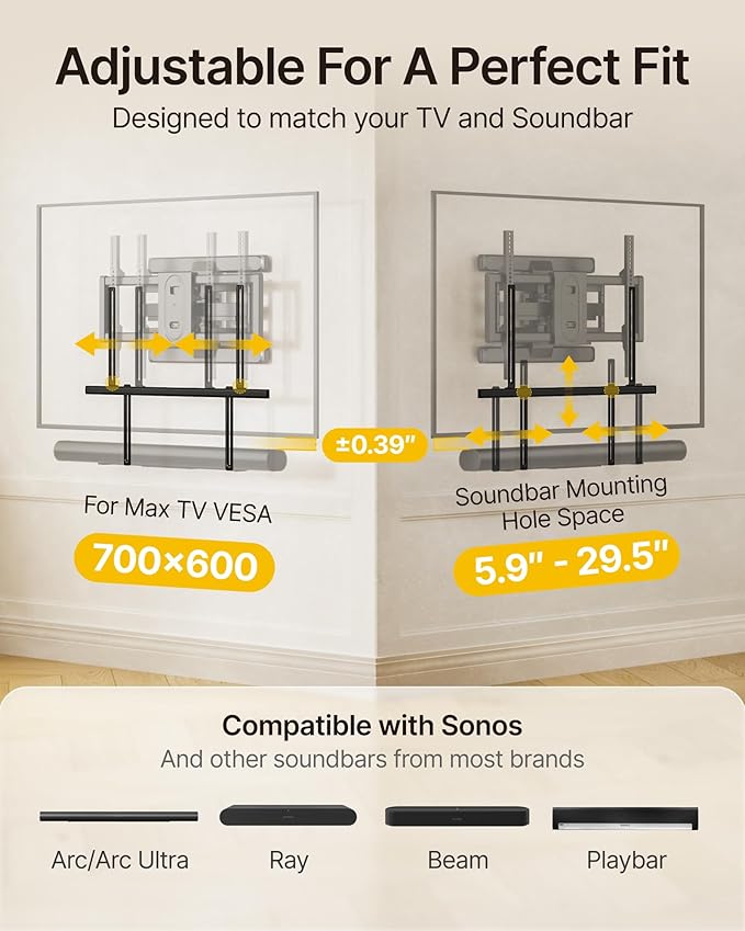 monTEK Soundbar Mount up to 22 lbs fits Sonos Arc/Arc Ultra/Beam/Ray/Playbar, Bose Soundbar 500/700, Samsung & Sony & LG & JBL, Adjustable Soundbar Mount Under TV, Black
