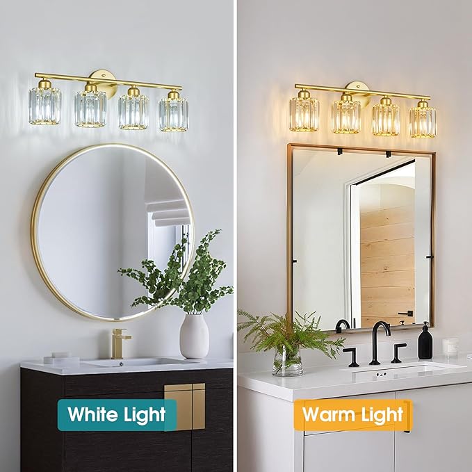 FDPBY Modern 4 Light Crystal Vanity Light, Gold Vertical Bathroom Light Fixture Over Mirror for Dressing Table Sink, Compatible with Dimmable Bulbs (Bulbs Not Included)