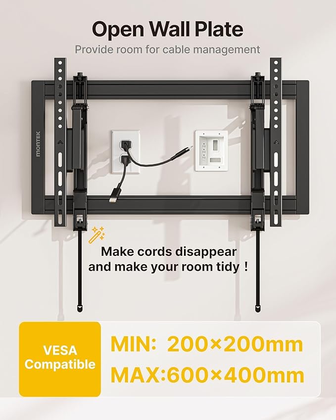 monTEK Heavy Duty Tilting TV Wall Mount Barckt for 37–90" TVs up to 200 lbs – Low Profile, Universal Fit, Tilt & Swivel Adjustment, 6.8" Extension, Fits 16"/18"/24" Studs, Max VESA 600x400mm