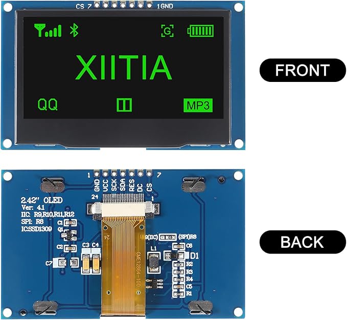 XIITIA 2pcs 2.42 inch 128x64 OLED LCD Display Module SSD1309 7 Pin SPI/IIC I2C Serial Interface for Arduino UNO R3 (Green Light)
