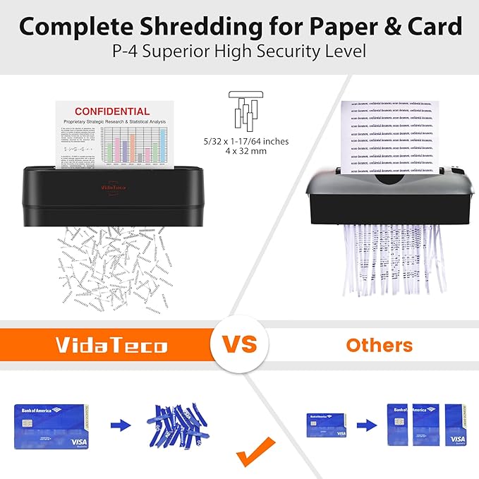 VidaTeco Paper Shredder for Home Use 6-Sheet Cross-Cut Shredder,Also Shred Card/Clip/Staple,P-4 Higher Security,Small Document Shredding Machine for Office,Heavy Duty with Jam Proof,3.04-Gal Bin