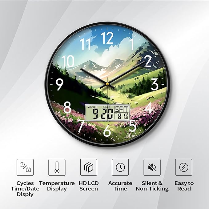 SCOAGE Digital Large Display Silent Wall Clock with Temperature Date Mountain Flowers Modern Non-ticking Battery Operated Mount Clocks Bathroom Kitchen Clock Farmhouse Living Room Office Decor 12 Inch
