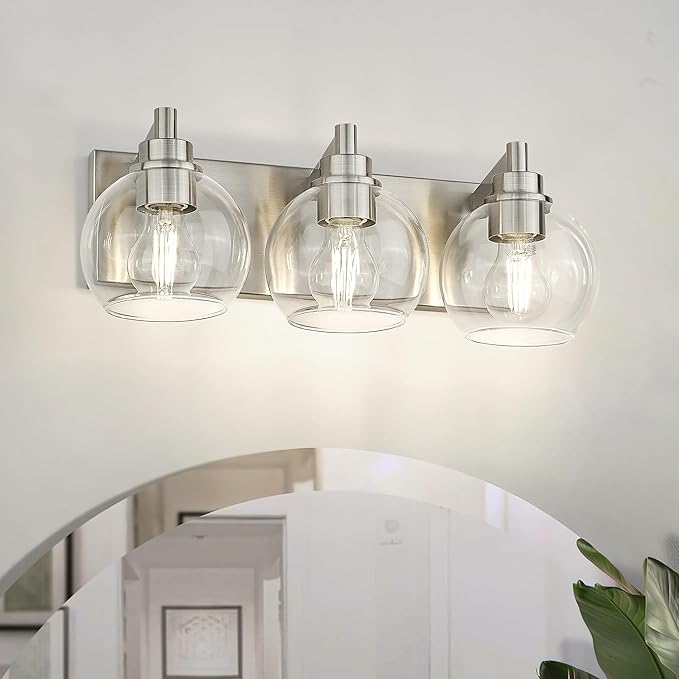 METWET Bathroom Light Fixtures, 3-Light Brushed Nickel Vanity Light, Modern Wall Sconces with Globe Clear Glass Shade, Vanity Lighting Fixtures Over Mirror, VL195-BN-CL-3