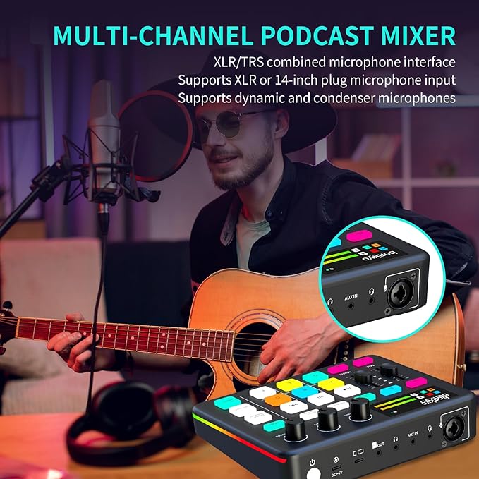 Bonkyo Gaming Audio Mixer & USB Interface with XLR Microphone, Bluetooth 5.0, RGB Effects, 48V Phantom Power, Voice Changer, G1 Sound Card for PS5, TikTok Live Streaming, Podcasting (Black)