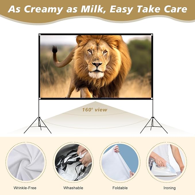 Portable Indoor Outdoor Projector Screen with Stand 120 inch Movie Screen 16:9 Format 4K HD Wrinkle-Free Foldable Design & Easy to Setup for Indoor Home Movie Theater Projector with Carry Bag