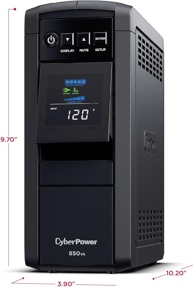 CyberPower CP850PFCLCD PFC Sinewave UPS Battery Backup and Surge Protector, 850VA/510W, 10 Outlets, AVR, Mini-Tower; UL Certified