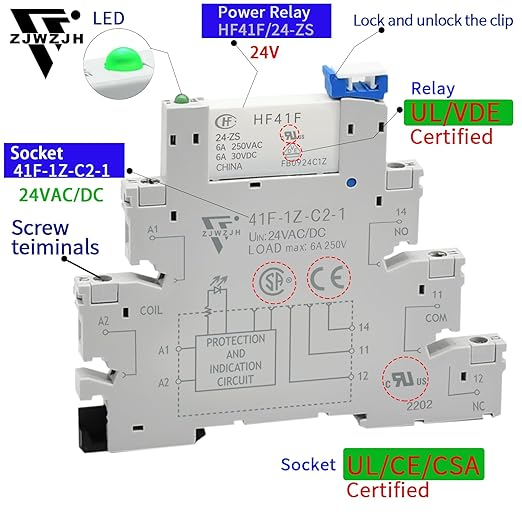3 Pcs Miniature Power Relay 24V DC/24V AC HF41F/24-ZS 6Amp SPDT with LED Indicator with Socket Base 41F-1Z-C2 with DIN Rail