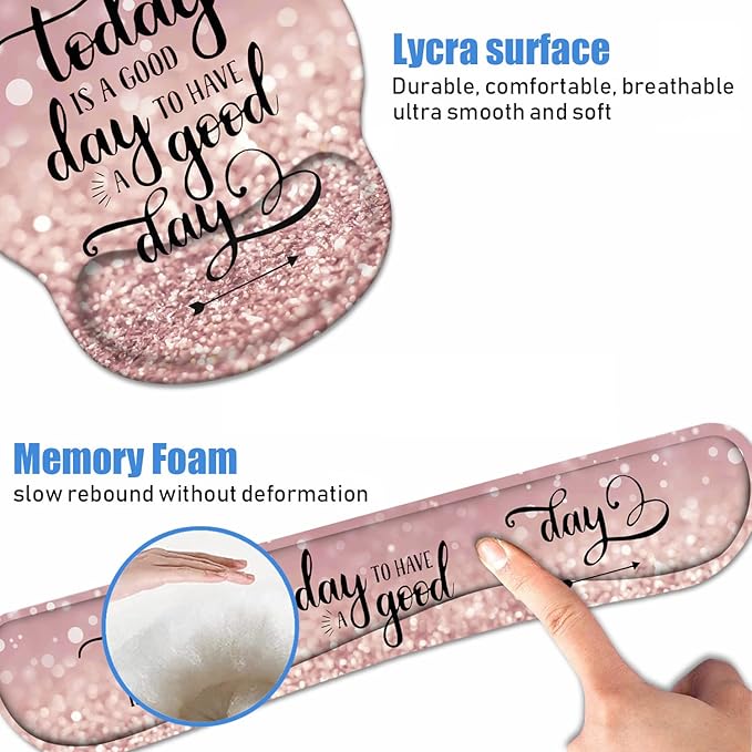 Keyboard Wrist Rest + Mouse Pad Wrist Support Set with Coasters, Today is a Good Day to Have a Good Day Inspirational Quote with Non-Slip PU Base Ergonomic Mousepad for Home Office Working Studying