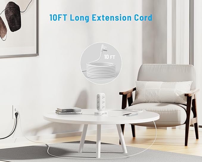 TenTrend 65W Fast Charging Station, Flat Plug Power Strip Tower with 12 AC Outlets & 8 USB Ports (2 PD USB-C Ports), 10FT Extension Cord, Compatible for MacBook Pro, iPhone Series.