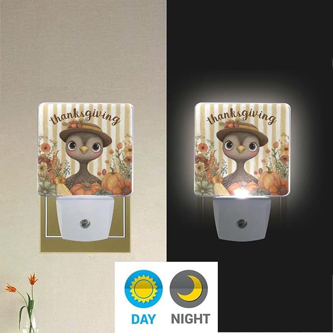 Pigsaly Led Night Light Thanksgiving Cute Turkey Autumn Pumpkins Carrots Wildflowers Night Light Plug in Wall Lamp Smart Dusk to Dawn Sensor Nightlight Led Lamp Energy Saving Lights Gift for Kids Ro