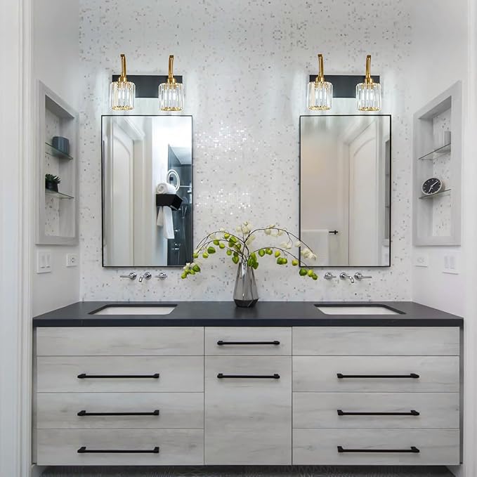 FDPBY Bathroom Crystal Vanity Lights 2-Light Black Gold Wall Lamp Modern Crystal Bathroom Light Fixtures Over Mirror 13.77" Long Wall Sconce